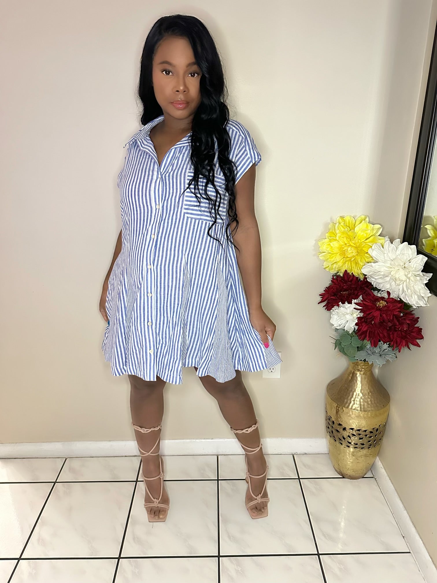 Stripes Up T-Shirt Dress in blue and white vertical stripes, styled with nude lace-up heels. Urban-chic mini dress for effortless streetwear fashion.