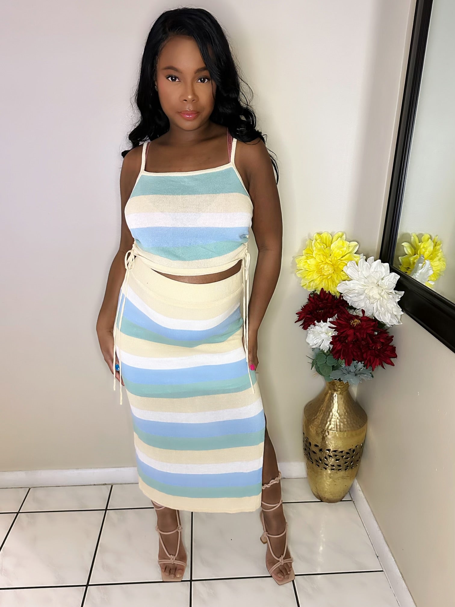 Women’s two-piece skirt set in bold urban streetwear style