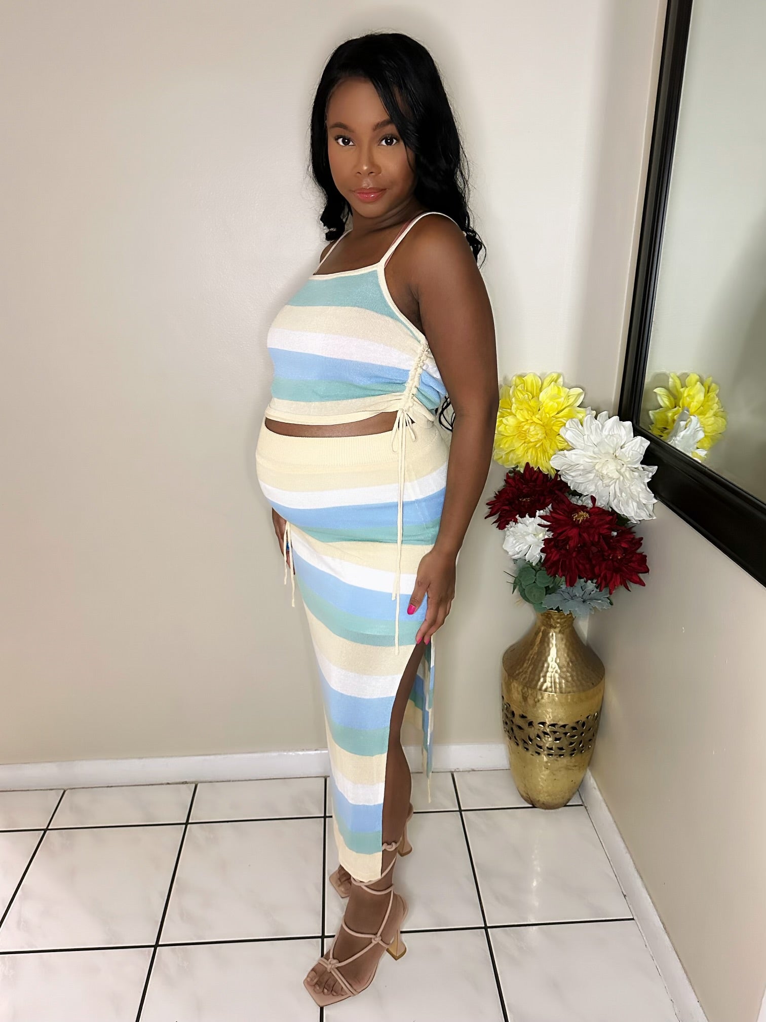 Trendy women’s crop top and skirt set styled for street fashion