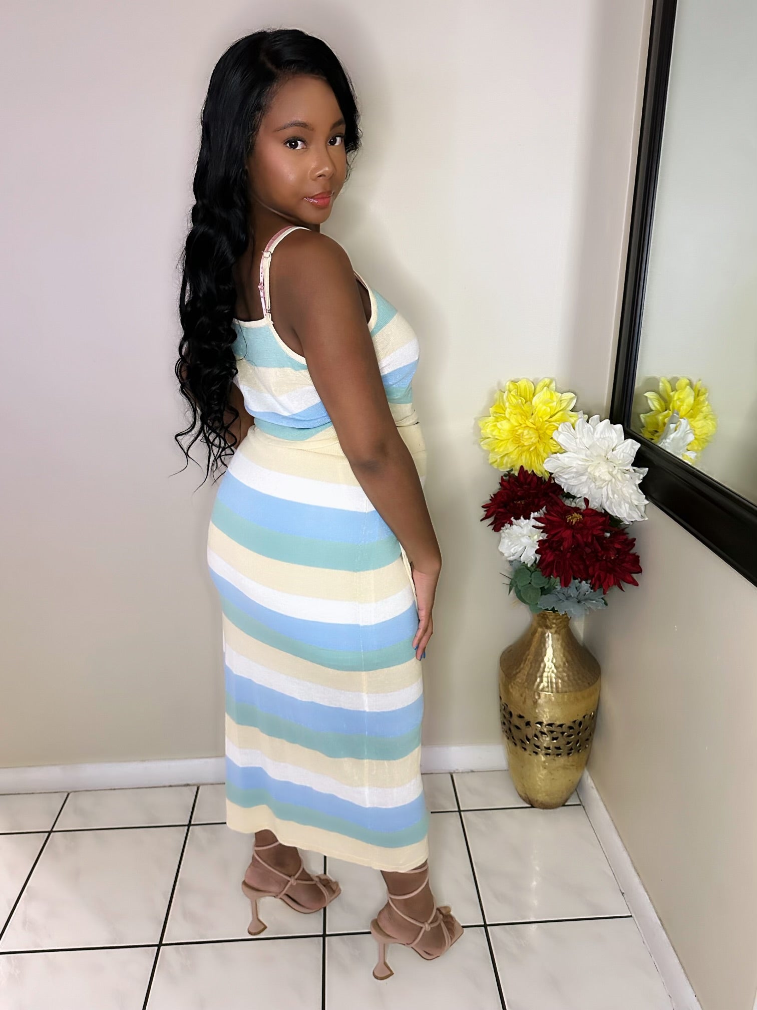 Laila Skirt Set | Bold Urban-Chic Women’s Two-Piece Outfit featuring a pastel striped crop top and high-waisted skirt, perfect for summer fashion.