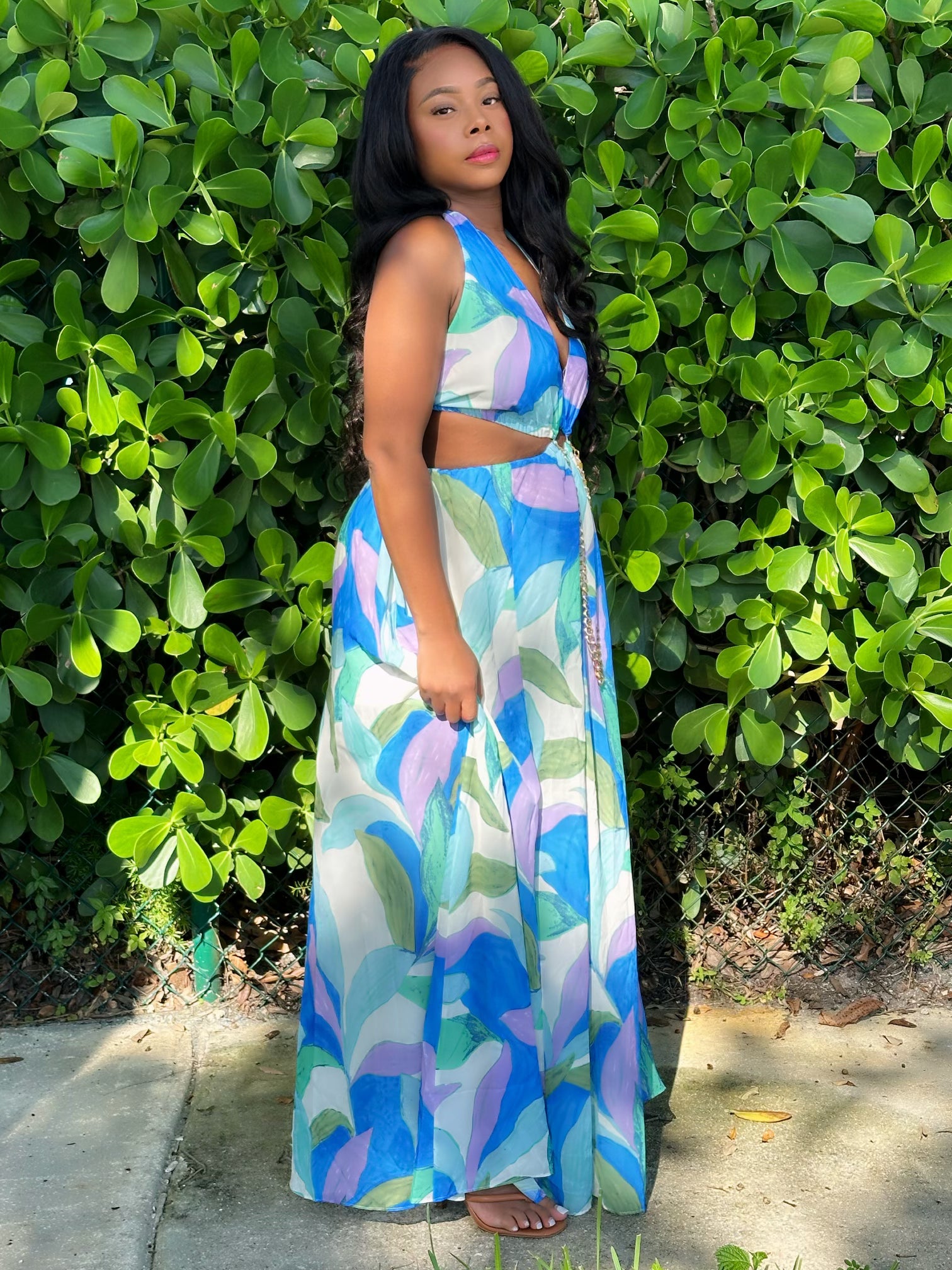 Blueberry Swirl Maxi Dress | Trendy Urban-Chic Women’s Dress featuring bold swirl prints in blue, green, and lavender with side cutouts, perfect for summer.