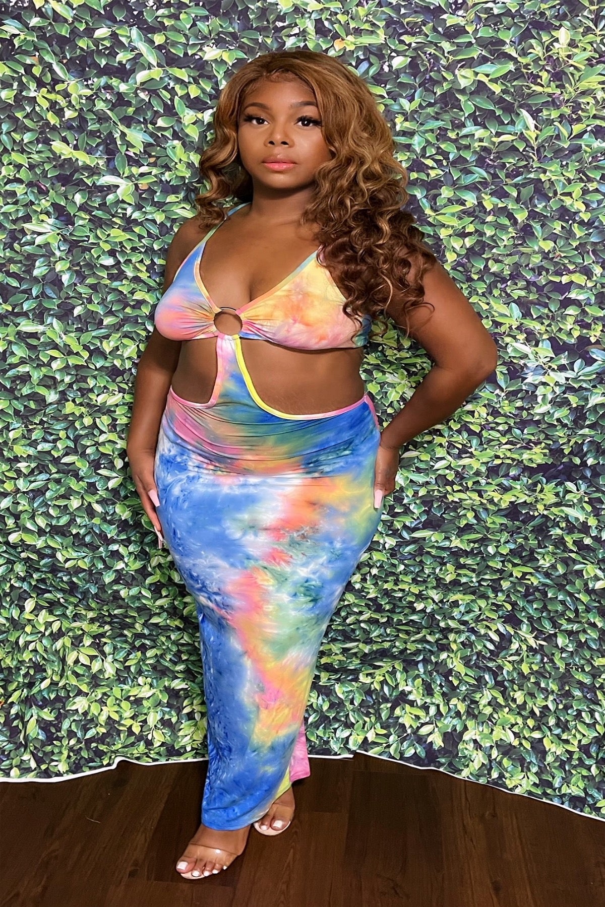 cut out tie dye maxi dress Mermaid Maxi Dress – Tie Dye Cutout V-Neck Stretch Maxi