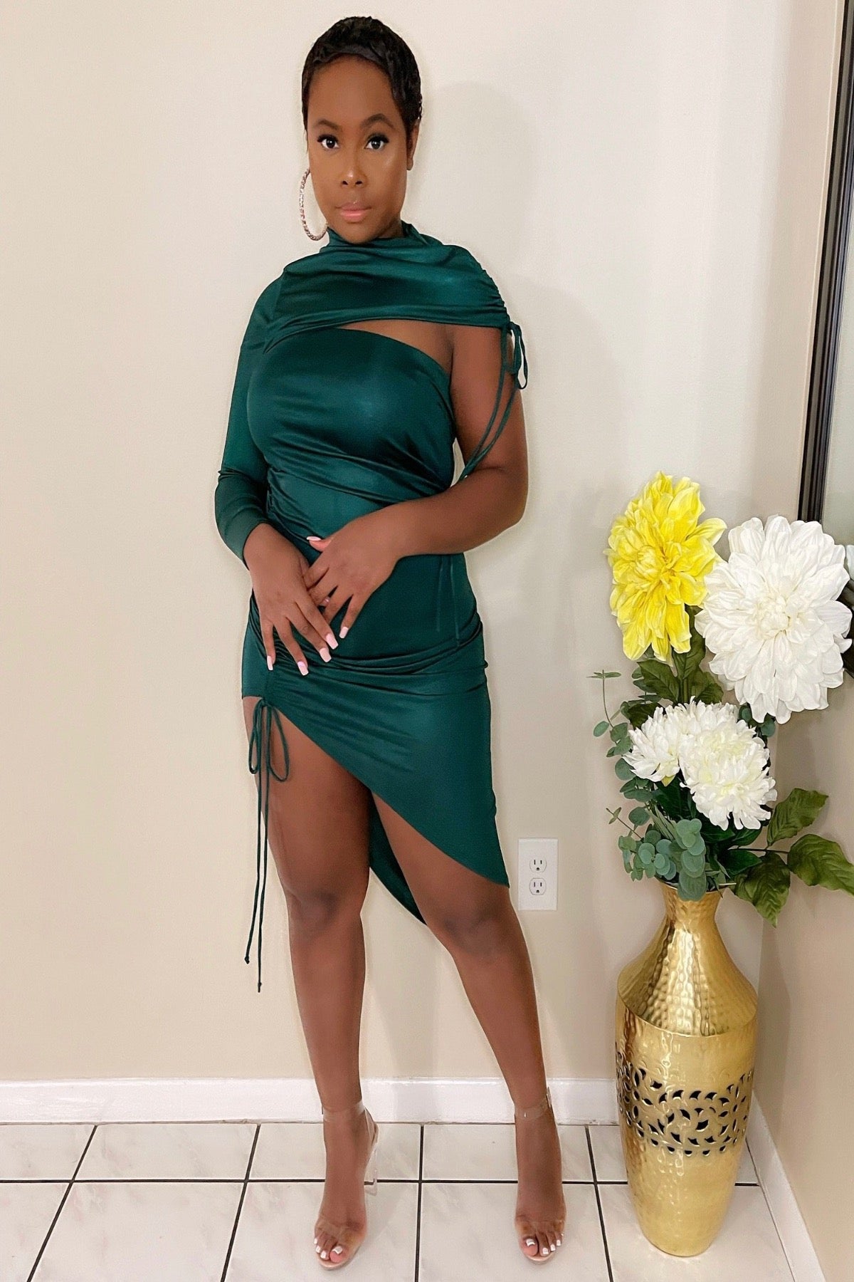 Paparazzi Dress – One Sleeve Ruched Midi Dress with Leg Slit