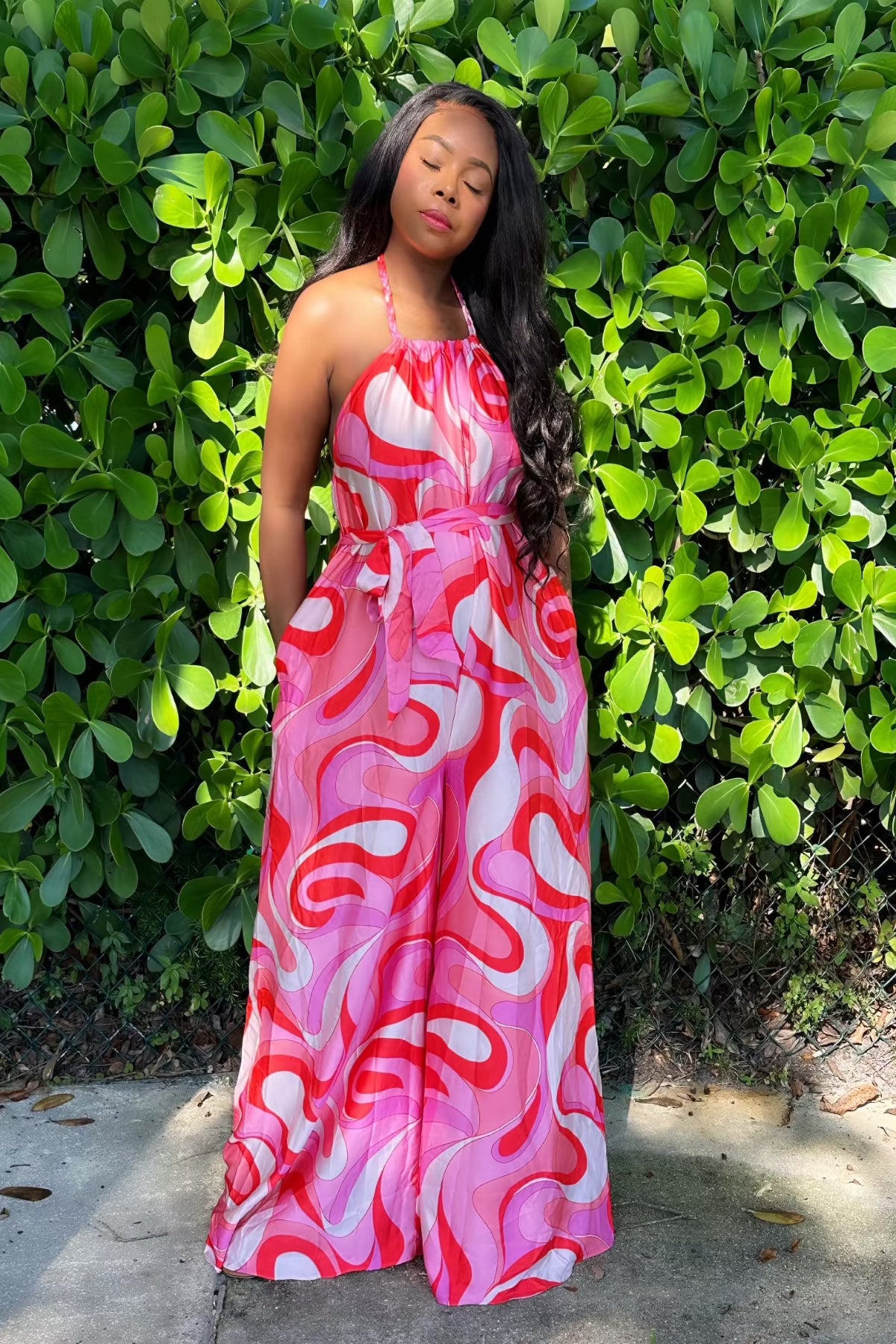Cherry Swirl Jumpsuit – bold women’s one-piece with swirl print
