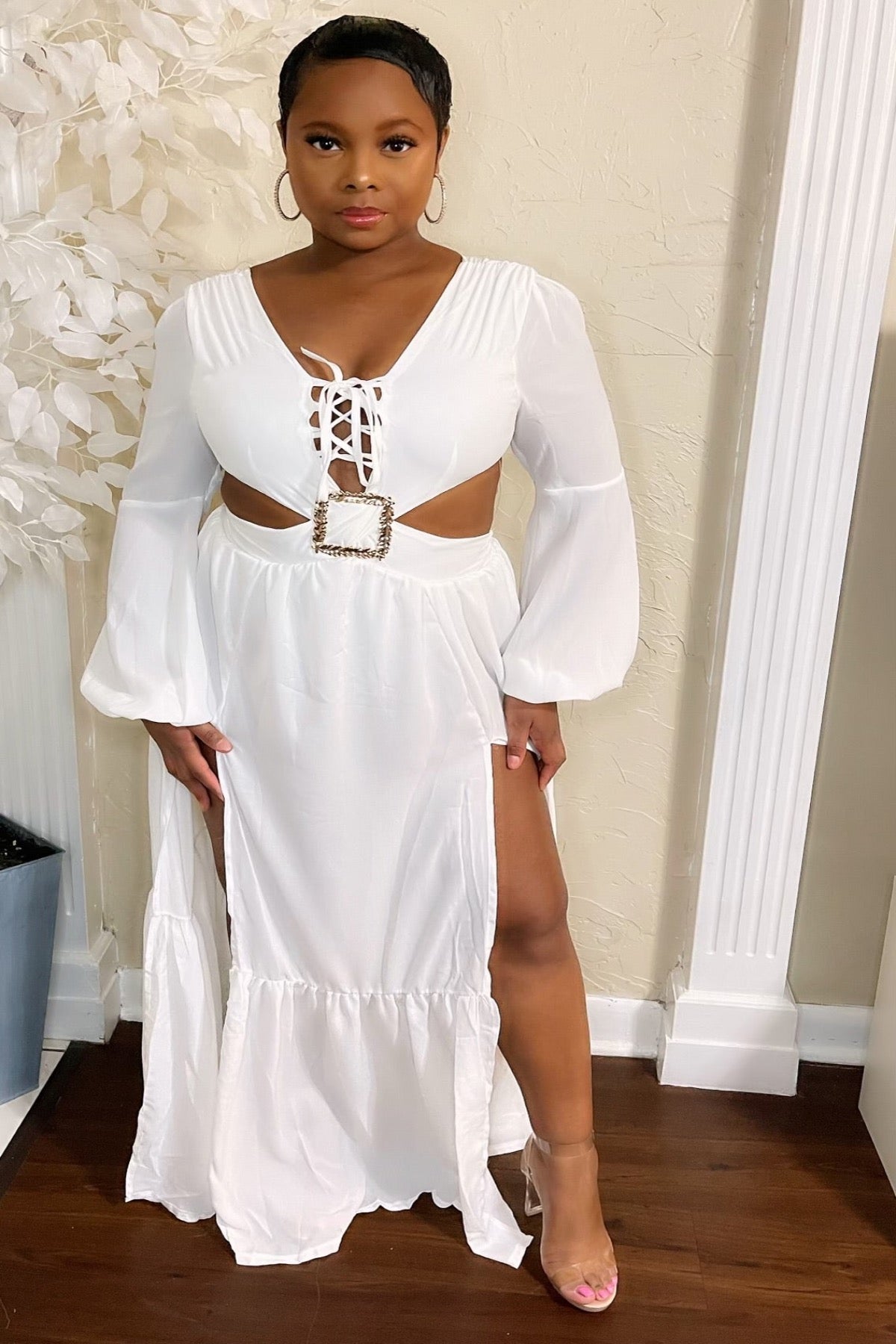 Angelina Maxi Dress – Sheer White Plunge Neck Cutout Maxi with Gold Detail
