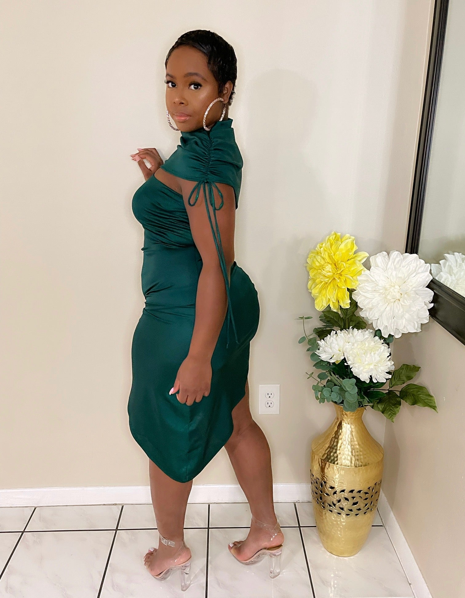 Paparazzi Dress One Sleeve Ruched Midi Dress with Leg Slit | Boutique Sales Chic small Paparazzi Dress One Sleeve Ruched Midi Dress with Leg Slit | Boutique Sales Chic small