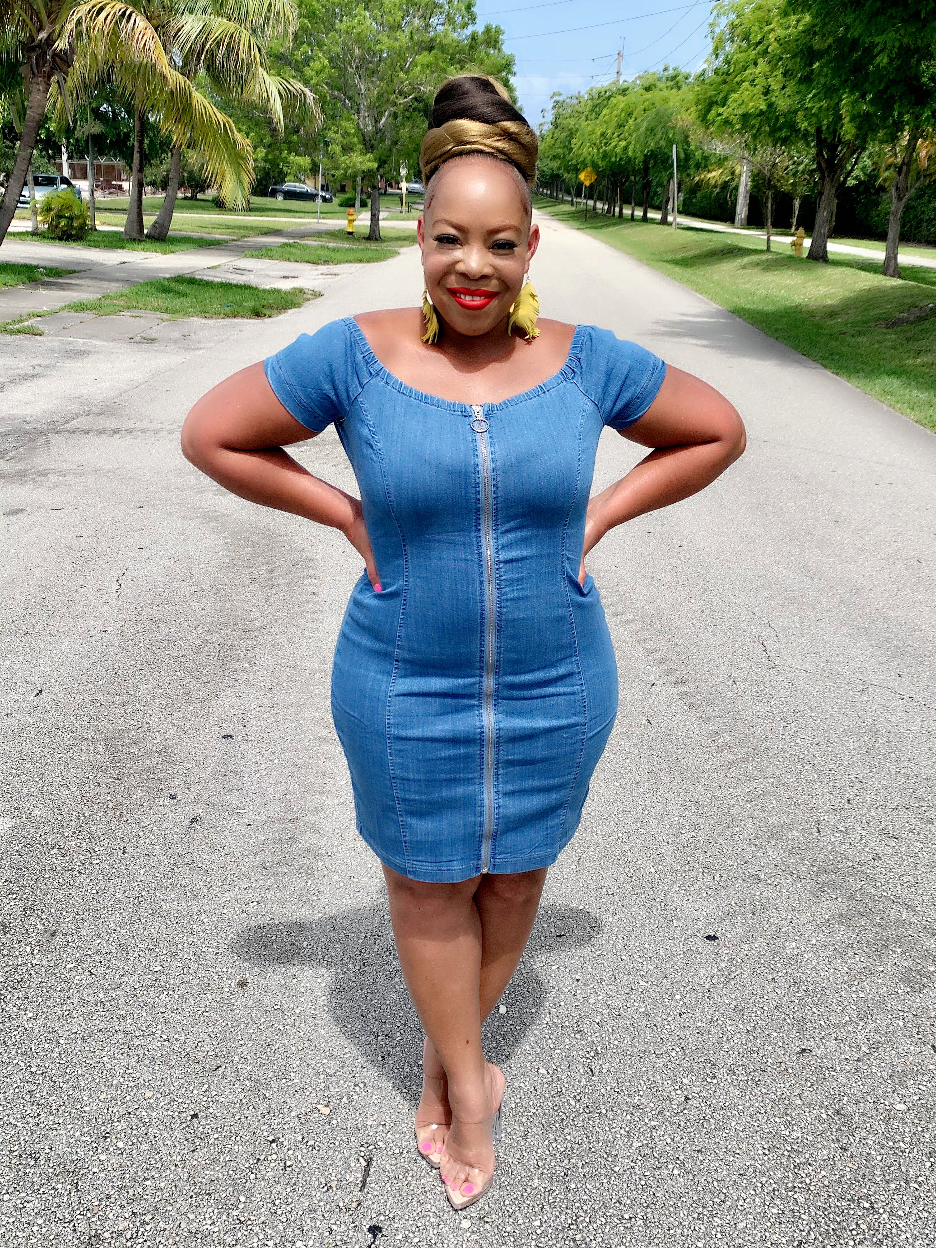 Camron Denim Dress – Plus Size Off-Shoulder Stretch Dress