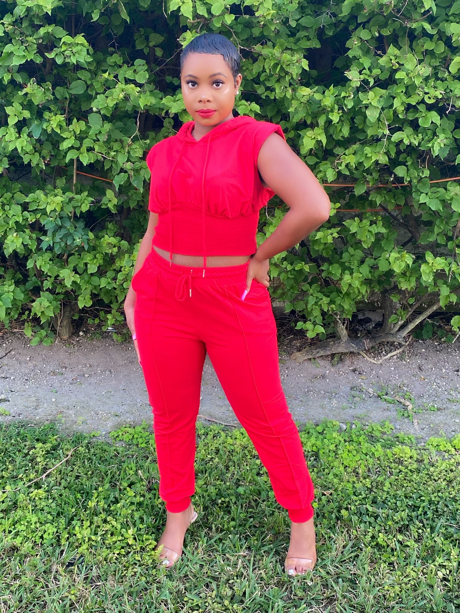 Red Pants Suit