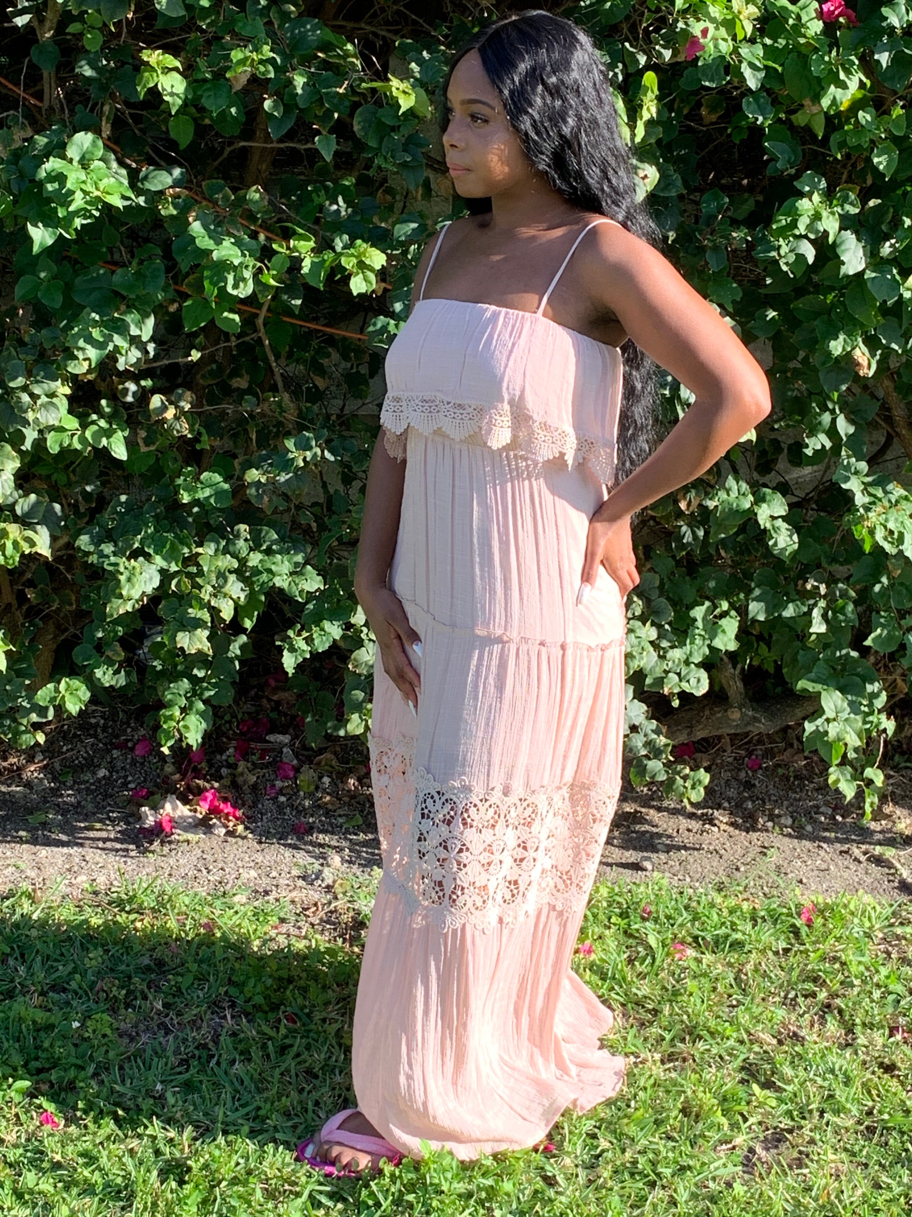 pink crochet maxi dress 60s Ivory Pink Crocheted Maxi Dress